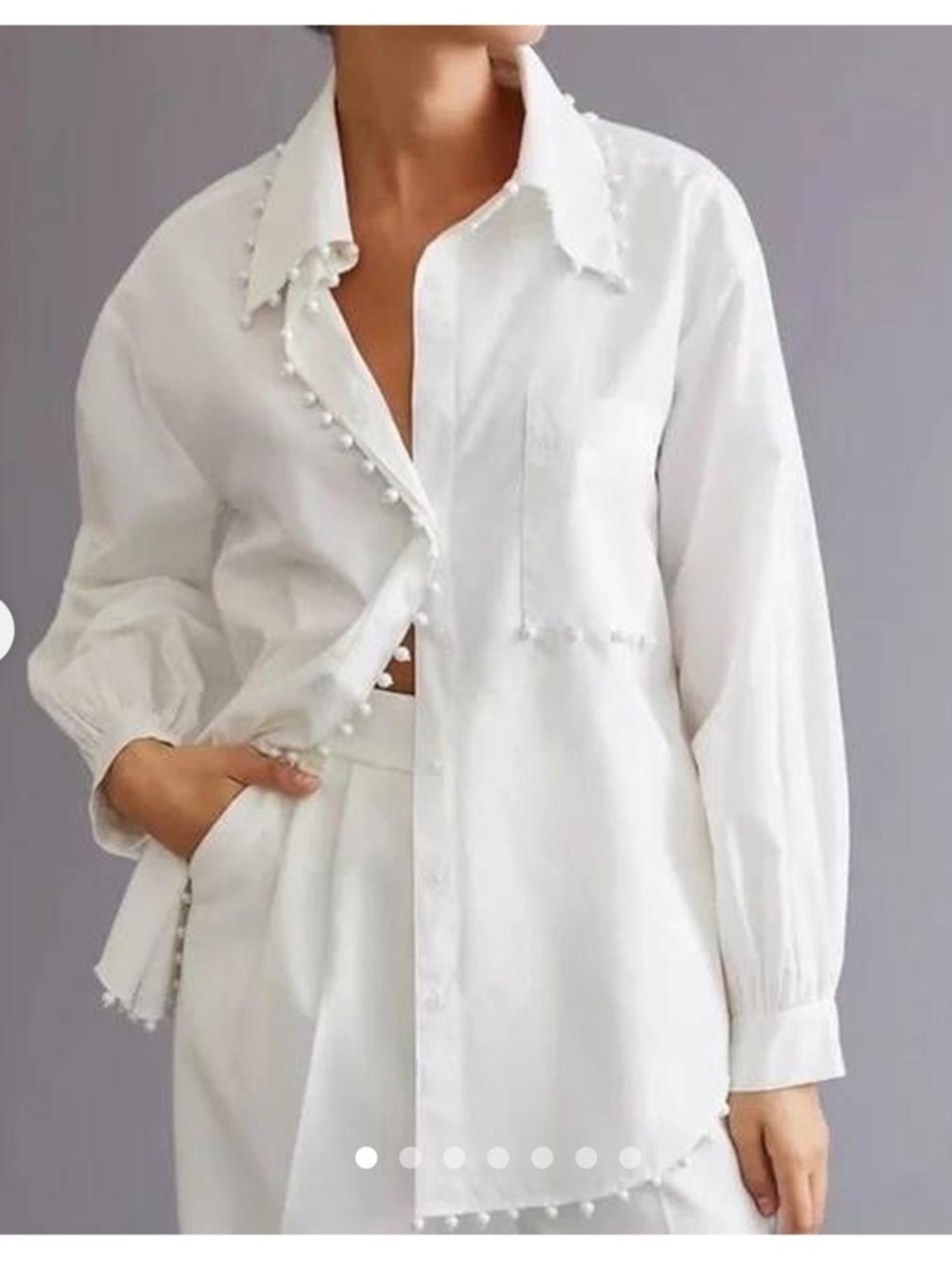 Anthropologie White Button-Up Shirt with Dangling Pearls